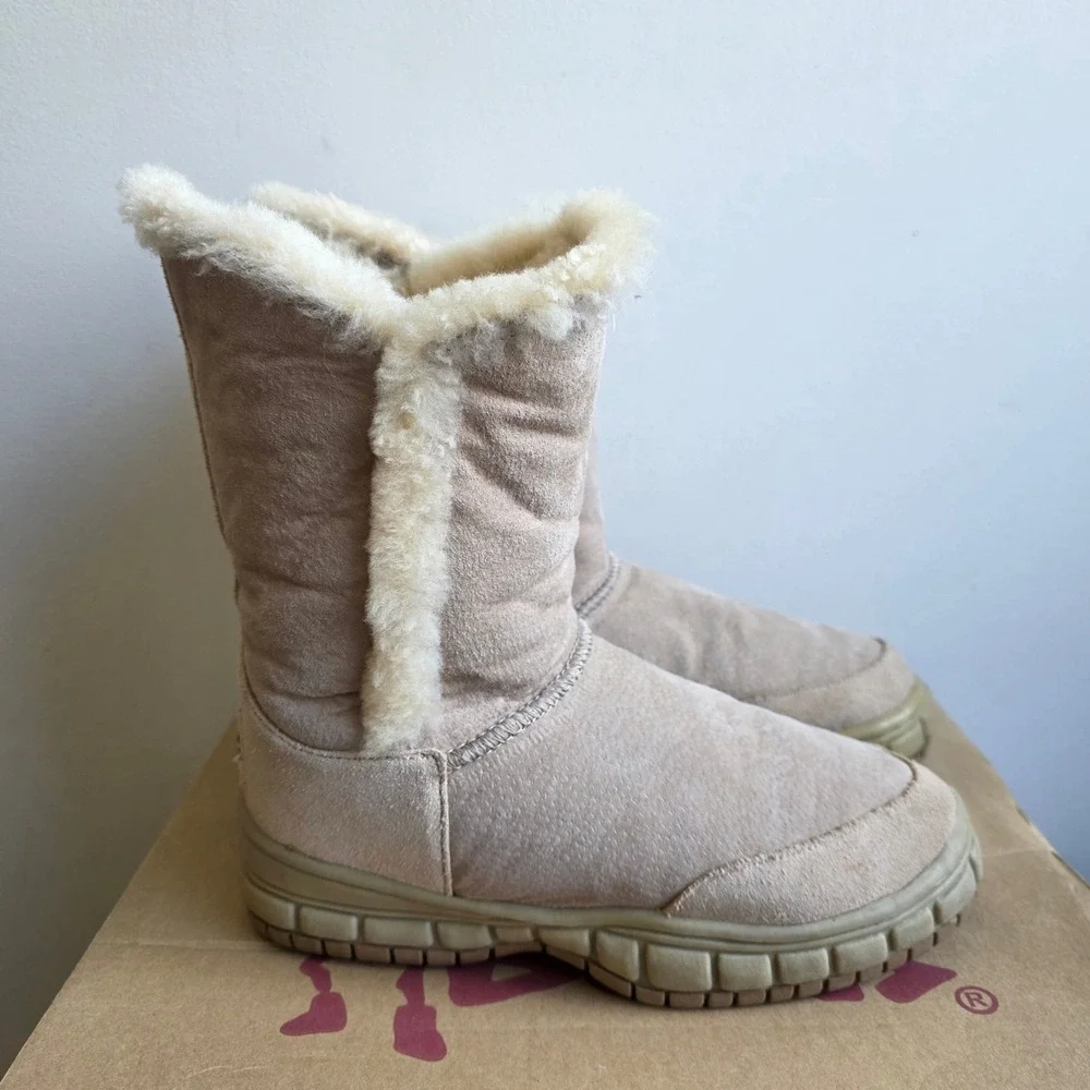 Aussie Dogs Tan‎ Suede Sheepskin Fur Lined Mid Calf Winter Boots Womens